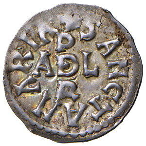 obverse: Benevento. Adelchi principe (853-878). I periodo: emissioni con il solo nome di Adelchi, 853-867. Denaro AG gr. 1,26. CNI 11. MEC 1, –. D’Andrea Campania vol. I, 70. MIR 234. Estremamene raro. Leggera patina iridescente, SPL 