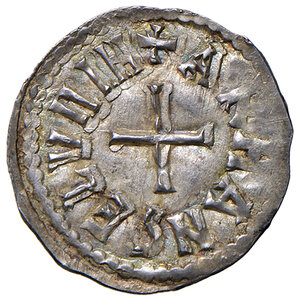 reverse: Benevento. Adelchi principe (853-878). I periodo: emissioni con il solo nome di Adelchi, 853-867. Denaro AG gr. 1,26. CNI 11. MEC 1, –. D’Andrea Campania vol. I, 70. MIR 234. Estremamene raro. Leggera patina iridescente, SPL 