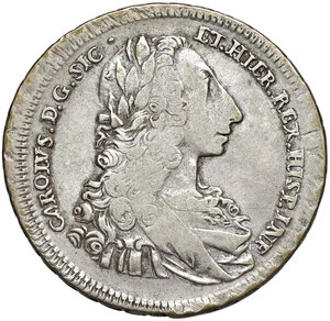 obverse: Palermo. Carlo di Borbone (1734-1759). Emissioni per l’incoronazione, 1735. Da 12 tarì 1735 (Sigle F-N; Francesco Notarbartolo m.d.z.,) AG gr. 27,17. Spahr 10. MIR 553. Molto rara. q.BB 