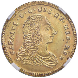 obverse: Palermo. Carlo di Borbone (1734-1759). Emissioni successive all’incoronazione, 1735-1759. Doppia oncia 1754 (Sigle P-N; Placido Notarbartolo m.d.z.) AV gr. 8,83. Spahr 45. MIR 562/2. In slab Classical Coin Grading MS 61, cert.n. AB228120. Rara. Migliore di SPL 