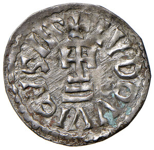 obverse: Benevento. Adelchi principe (853-878). III periodo: emissioni a nome di Ludovico II da solo o Ludovico II e Angilberga, 870-871. Denaro AG gr. 0,82. CNI –. MEC 1, 1116. D’Andrea Campania vol. I, 83. MIR 244. Raro. q.SPL 