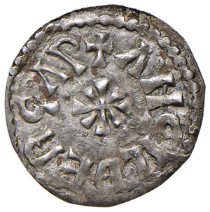 reverse: Benevento. Adelchi principe (853-878). III periodo: emissioni a nome di Ludovico II da solo o Ludovico II e Angilberga, 870-871. Denaro AG gr. 0,82. CNI –. MEC 1, 1116. D’Andrea Campania vol. I, 83. MIR 244. Raro. q.SPL 