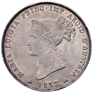 obverse: Parma. Maria Luigia d’Austria (1815-1847). Da 5 lire 1832 (Milano) AV. Cifre 32 su 15. Pagani 7. MIR 1093/3.  Molto rara. Patina di medagliere. Un paio di colpetti sul bordo del dr., altrimenti SPL