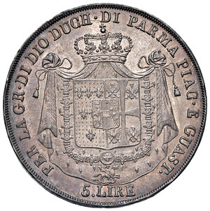 reverse: Parma. Maria Luigia d’Austria (1815-1847). Da 5 lire 1832 (Milano) AV. Cifre 32 su 15. Pagani 7. MIR 1093/3.  Molto rara. Patina di medagliere. Un paio di colpetti sul bordo del dr., altrimenti SPL