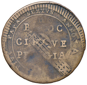 obverse: Perugia. Emissioni tra Municipalità provvisoria e occupazione austriaca (1799). Con i tipi di Pio VI. Madonnina da 5 baiocchi 1797 (sigle A-C) CU gr. 13,87. Ribattuta su 2 baiocchi della Repubblica Romana. Muntoni 388. Bruni 15. MIR 2999/1. Rara ed interessante. BB 