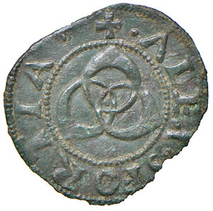 obverse: Pesaro. Alessandro Sforza (1445-1473). Picciolo MI gr. 0,34. CNI 14 (quattrino). Cavicchi PS, 12. Bellesia Pesaro 11. Il dritto di questa moneta raffigura l’impresa dei tre anelli con diamante che fu concessa, nel 1409, alla famiglia Sforza dal marchese di Ferrara Niccolò III d’Este. Della più grande rarità. q.SPL 