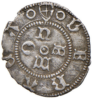 obverse: Recanati. Anonime pontificie sec. XV. Bolognino dopo il 1472 AG gr. 0,51. Muntoni 36. Berman 338. MIR 346/1. Bellesia Recanati 6/B. Questo bolognino presenta un conio di dritto in cui l’armetta civica è in asse con la N gotica nel campo, del quale, per quanto ci sia stato possibile il confronto con le immagini disponibili, non abbiamo trovato riscontro. Si tratta, presumibilmente, del riutilizzo di un conio di dritto di esemplari battuti durante il periodo della monetazione autonoma. Molto raro. Buon BB