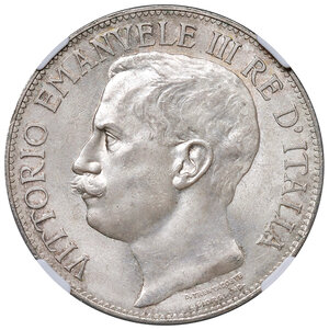 obverse: Savoia. Vittorio Emanuele III re d’Italia (1900-1946). Da 5 lire 1911 AG. Cinquantenario. Pagani 707. MIR 1135a.  In slab NGC MS 65, cert.n. 6632898-019. Conservazione eccezionale, FDC 