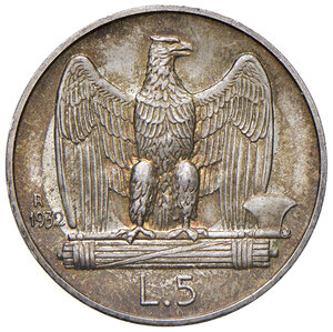 reverse: Savoia. Vittorio Emanuele III re d’Italia (1900-1946). Da 5 lire 1932 AG. Per numismatici. Pagani 715. MIR 1137j. Tiratura di 50 esemplari.  Rarissima. Patina iridescente, FDC 