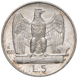 reverse: Savoia. Vittorio Emanuele III re d’Italia (1900-1946). Da 5 lire 1935 AG. Per numismatici. Pagani 718. MIR 1137m. Tiratura di 50 esemplari.  Rarissima. Conservazione eccezionale, FDC 