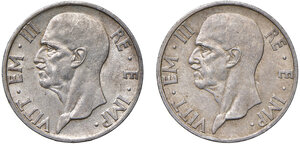 obverse: Savoia. Vittorio Emanuele III re d’Italia (1900-1946). Lotto di due monete. Da 5 lire 1936/XIV AG. Da 5 lire 1937/XV. Pagani 719, 720. MIR 1138a, 1138b.  SPL-q.FDC 