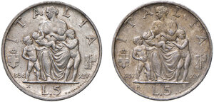 reverse: Savoia. Vittorio Emanuele III re d’Italia (1900-1946). Lotto di due monete. Da 5 lire 1936/XIV AG. Da 5 lire 1937/XV. Pagani 719, 720. MIR 1138a, 1138b.  SPL-q.FDC 