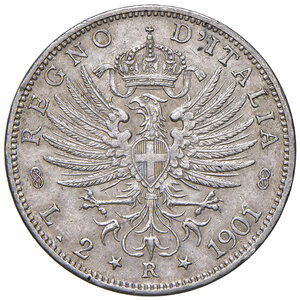 reverse: Savoia. Vittorio Emanuele III re d’Italia (1900-1946). Da 2 lire 1901 AG. Aquila araldica. Pagani 725. MIR 1139a. Molto rara. q.SPL 