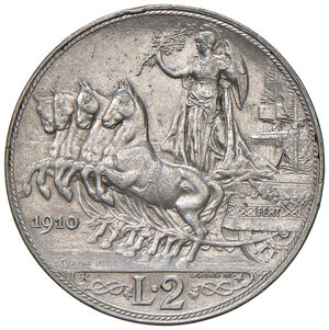 reverse: Savoia. Vittorio Emanuele III re d’Italia (1900-1946). Da 2 lire 1910 AG. Quadriga veloce. Pagani 733. MIR 1140b. Rara. q.SPL 