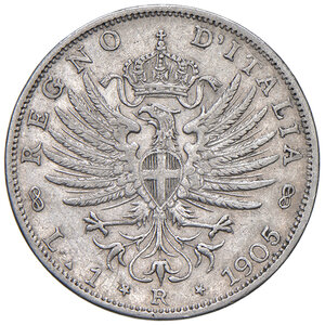 reverse: Savoia. Vittorio Emanuele III re d’Italia (1900-1946). Lira 1905 AG. Aquila araldica. Pagani 765. MIR 1145c. Molto rara. BB 