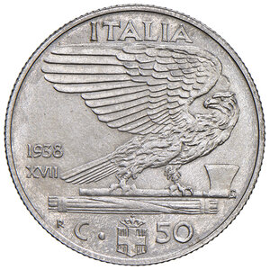 reverse: Savoia. Vittorio Emanuele III re d’Italia (1900-1946). Da 50 centesimi 1938/XVI AC. Impero. Per numismatici. Pagani 820. MIR 1151l. Tiratura di 20 esemplari.  Estremamente rara. Graffietti al dr., altrimenti FDC 