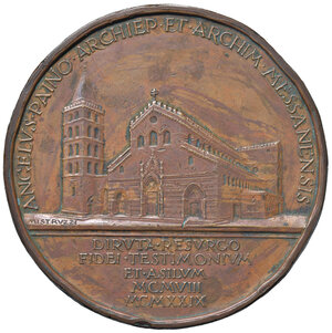 obverse: Sicilia. Messina. Angelo Paino arcivescovo (1870-1967). Medaglia 1929 AE gr. 227,68 Ø 79 mm. Opus: Aurelio Mistruzzi. Per la ricostruzione del Duomo.  Rara. Colpi sul bordo e nei campi, altrimenti BB 