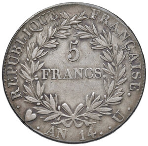 reverse: Torino. Napoleone I imperatore (1805-1814). Da 5 franchi anno 14 (1805) AG. Pagani 26. MIR 1017/2. Molto rara. Patina di medagliere, buon BB 