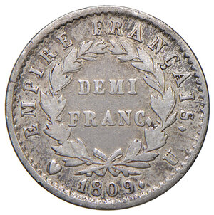 reverse: Torino. Napoleone I imperatore (1805-1814). Mezzo franco 1809 AG. Pagani 58. MIR 1024/2. Rarissimo. q.BB 