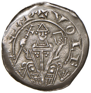 obverse: Aquileia. Volchero di Ellenbrechtskirchen (1204-1218). Denaro AG gr. 1,06. Bernardi 11. MIR 9. MEC 12, –. Rarissimo. q.SPL 