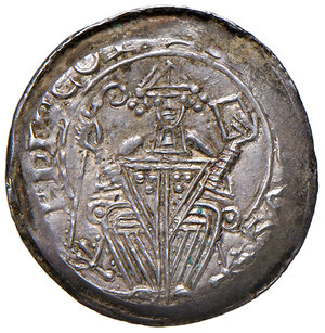 obverse: Trieste. Wolcango (1192-1199). Denaro dopo il 1200 AG gr. 1,18. Bernardi W2, pag. 64. MIR 274. MEC 12, –. Ex asta Rauch 106/2018, 600. Rarissimo. Bella patina iridescente, q.SPL 