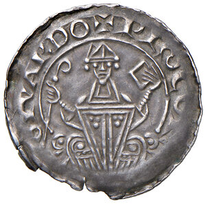 obverse: Trieste. Givardo (1199-1212). Denaro AG gr. 1,04. Bernardi G3, pag. 67. MIR 276. MEC 12, –. Su questa moneta appare per la prima volta il nome della città “Tergestum”. Ex asta Lanz 90/1998. Rarissimo. Mancanza del tondello sul bordo, altrimenti q.SPL 