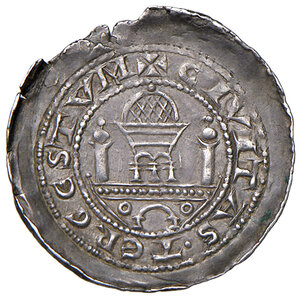 reverse: Trieste. Givardo (1199-1212). Denaro AG gr. 1,04. Bernardi G3, pag. 67. MIR 276. MEC 12, –. Su questa moneta appare per la prima volta il nome della città “Tergestum”. Ex asta Lanz 90/1998. Rarissimo. Mancanza del tondello sul bordo, altrimenti q.SPL 