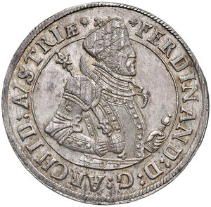 obverse: Austria. Ferdinando II d’Asburgo arciduca d’Austria (1564-1595). Tallero (Hall) AG gr. 28,40. Davenport – (cfr. 8097).  Fondi lucenti e conservazione eccezionale, q.FDC 