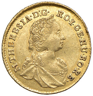 obverse: Austria. Maria Teresa d’Asburgo imperatrice del S.R.I. (1740-1780). Ducato 1758 (Karlsburg) AV gr 3,49. Herinek 80. Friedberg 543. Raro. Colpetto al dr., altrimenti q.SPL 