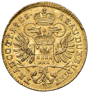 reverse: Austria. Maria Teresa d’Asburgo imperatrice del S.R.I. (1740-1780). Ducato 1758 (Karlsburg) AV gr 3,49. Herinek 80. Friedberg 543. Raro. Colpetto al dr., altrimenti q.SPL 