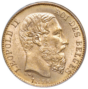 obverse: Belgio. Leopoldo II (1865-1909). Da 20 franchi 1876 (Bruxelles) AV. Varesi 233. Friedberg 412. In slab ANACS MS 65, cert. n. 1504009. FDC 