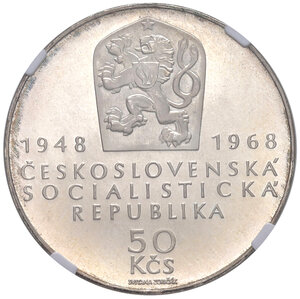 reverse: Cecoslovacchia. Repubblica (1918-1992). Da 50 corone 1968 AG. Cinquantenario dell’indipendenza. KM 65. In slab Classical Coin Grading PF 69 CAMEO, cert. n. AB761915. FS 