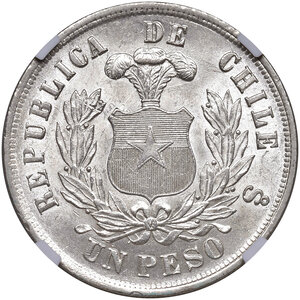 obverse: Cile. Repubblica (1818-). Peso 1882 (Santiago). KM 142.1. In slab Classical Coin Grading MS 63, cert. n. AB332952. FDC 