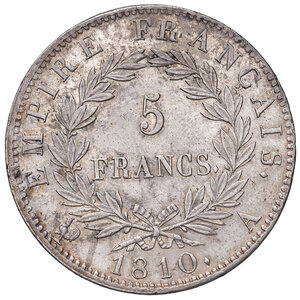 reverse: Francia. Napoleone I imperatore (1804-1814). Da 5 franchi 1810–A (Parigi) AG. Gadoury 584. Piccola mancanza sul ciglio del dr., altrimenti SPL 