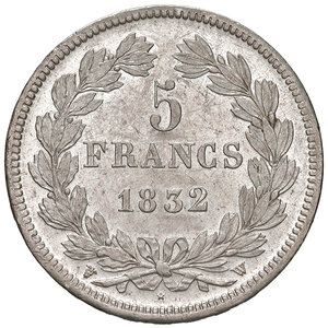 reverse: Francia. Luigi Filippo I (1830-1848). Da 5 franchi 1832–W (Lille) AG. Gadoury 678. Fondi lucenti, SPL