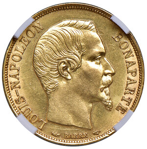 obverse: Francia. Luigi Napoleone Bonaparte presidente (1852). Da 20 franchi 1852-A (Parigi) AV. Varesi 449. Gadoury 1060. Le Franc F530/1. Friedberg 568. In slab Classical Coin Grading MS 64, cert. n. AB656344. FDC 