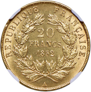 reverse: Francia. Luigi Napoleone Bonaparte presidente (1852). Da 20 franchi 1852-A (Parigi) AV. Varesi 449. Gadoury 1060. Le Franc F530/1. Friedberg 568. In slab Classical Coin Grading MS 64, cert. n. AB656344. FDC 