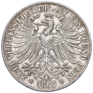 reverse: Germania. Francoforte. Città libera (1815-1866). Da 2 talleri 1866 (Francoforte) AG. Davenport 651. SPL 