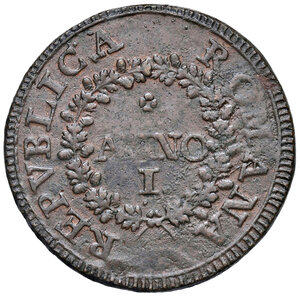 obverse: Fermo. Repubblica Romana (1798-1799). Da 2 baiocchi 1798 anno I CU gr. 17,21. Pagani 33b. Muntoni 44. Bruni 20. MIR 2920/2. Ex listino a prezzi fissi Numismatica Picena 4/2012, 260. Raro. q.SPL/SPL 