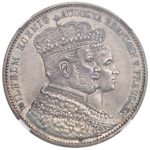 obverse: Germania. Prussia. Guglielmo I (1861-1888). Tallero dell’incoronazione 1861 (Berlino) AG gr. 18,53. Davenport 778. In slab Classical Coin Grading PF 63, cert. n. AB536427. Fondi speculari, q.FDC 