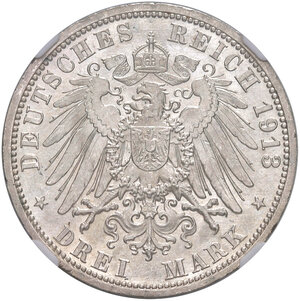 reverse: Germania. Prussia. Guglielmo II (1888-1918). Da 3 marchi 1913-A (Berlino) AG. 25° anniversario di regno. KM 535. In slab Classical Coin Grading MS 64, cert. n. AB864358. FDC 