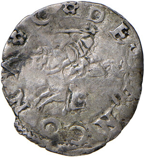 obverse: Ancona. Monetazione autonoma sec. XVI. Bolognino marchigiano AG gr. 0,48. Dubbini-Mancinelli –. Villoresi –. I conî di questa moneta appaiono del tutto differenti dai tipi noti. Le rosette d’interpunzione, presenti sia al dritto che al rovescio, ed anche lo stile stesso dell’esemplare non trovano riscontro nella bibliografia di riferimento consultata. La legenda del dritto è simile al tipo censito da Villoresi al n. 95(c), pag. 58 (C DE ANCONA). Estremamente raro. q.BB 