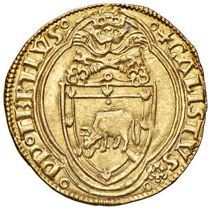 obverse: Callisto III (1455-1458). Roma. Ducato (segno rosa: Francesco Mariani della Zecca zecchiere) AV gr. 3,52. Muntoni 1. Berman 347. MIR 348/1.  Molto raro. Ottimo esemplare, migliore di SPL