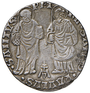 reverse: Pio II (1458-1464). Roma. Grosso (segno M sormontata da croce doppia: Emiliano Orfini zecchiere) AG gr. 3,15. Muntoni 13. Berman 364. MIR 362/2. Conio di Emiliano Orfini. Rarissimo. Lievemente tosato, altrimenti BB