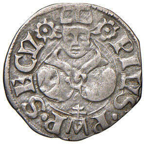 obverse: Pio II (1458-1464). Roma. Bolognino romano AG gr. 0,50. Muntoni 26. Berman 368. MIR 364/6. Conio di Emiliano Orfini. Raro. Buon BB