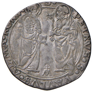 reverse: Paolo II (1464-1471). Roma. Grosso (segno M sormontata da croce doppia: Emiliano Orfini zecchiere) AG gr. 3,17. Muntoni 22. Berman 404. MIR 407/1. Conio di Emiliano Orfini. Ex Asta Internazionale del Titano 72/1998, 590. Molto raro. Lievemente tosato, altrimenti BB