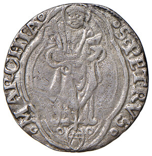 reverse: Giulio II (1503-1513). Ancona. Terzo di giulio AG gr. 0,92. Muntoni 73. Berman 595. Dubbini-Mancinelli pag. 101 (1° tipo). MIR 603/1 (zecca della Marca Anconitana: Macerata o Ancona). Villoresi 189. Molto raro. Lievemente tosato, BB 