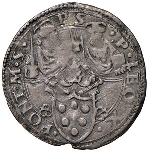 obverse: Leone X (1513-1521). Ancona. Giulio AG gr. 3,28. Muntoni 74. Berman 672. Dubbini-Mancinelli pag. 107 (7° tipo). MIR 679 (zecca della Marca Anconitana: Macerata o Ancona). Villoresi 207. Molto raro. Mancanza marginale del tondello, altrimenti q.BB 