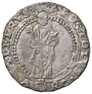 reverse: Leone X (1513-1521). Ancona. Mezzo giulio AG gr. 1,49. Muntoni 84. Berman 676. Dubbini-Mancinelli pag. 109 (5° tipo). MIR 683/4 (zecca della Marca Anconitana: Macerata o Ancona). Villoresi 213. Raro. Lievi porosità, altrimenti BB 