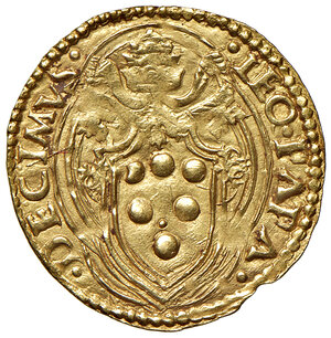 obverse: Leone X (1513-1521). Bologna. Ducato papale (armetta card. Giovanni de’Medici legato) AV gr. 3,44. Muntoni 100. Berman 686. Chimienti 255. MIR 651/1.  Debolezza di conio, altrimenti q.SPL 